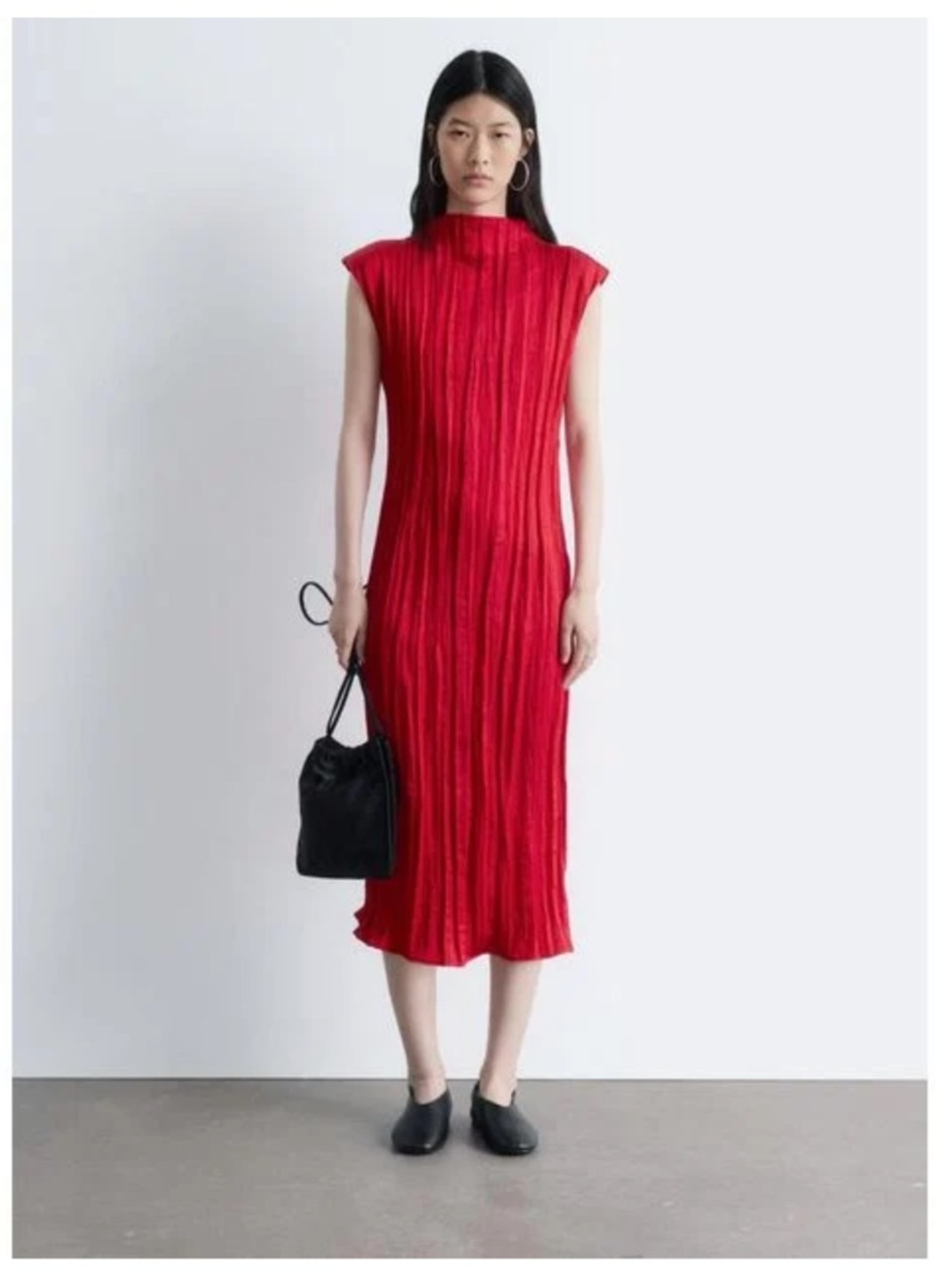& Other Stories Red Crepe Pleated Midi Dress with High Neck, size medium